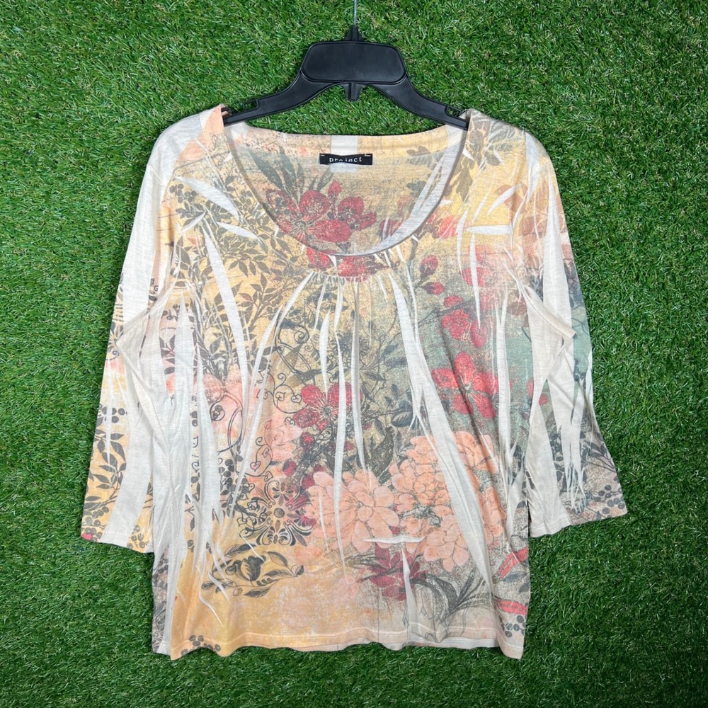 Project Womens Floral Print‎ 3/4 Sleeve Scoop Neck Knit Top Multicolor Large Y2K